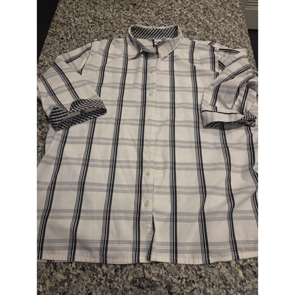 Alia Womens Plus Size 22W Short Sleeve Button Down Shirt White Navy Plaid